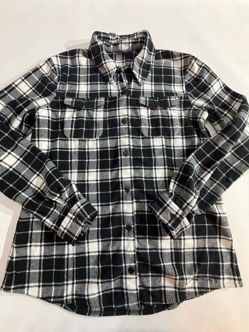 Eddie Bauer Black White Plaid Fleece Button Up Shirt Women M